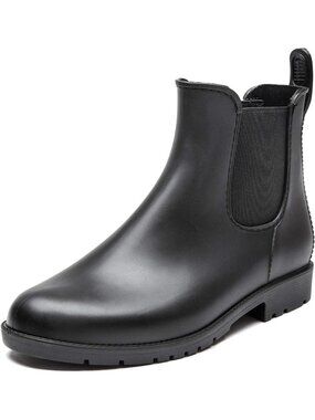 Women's Dark Black Warm Chelsea Ankle Winter Waterproof Chevonne Rain Boots